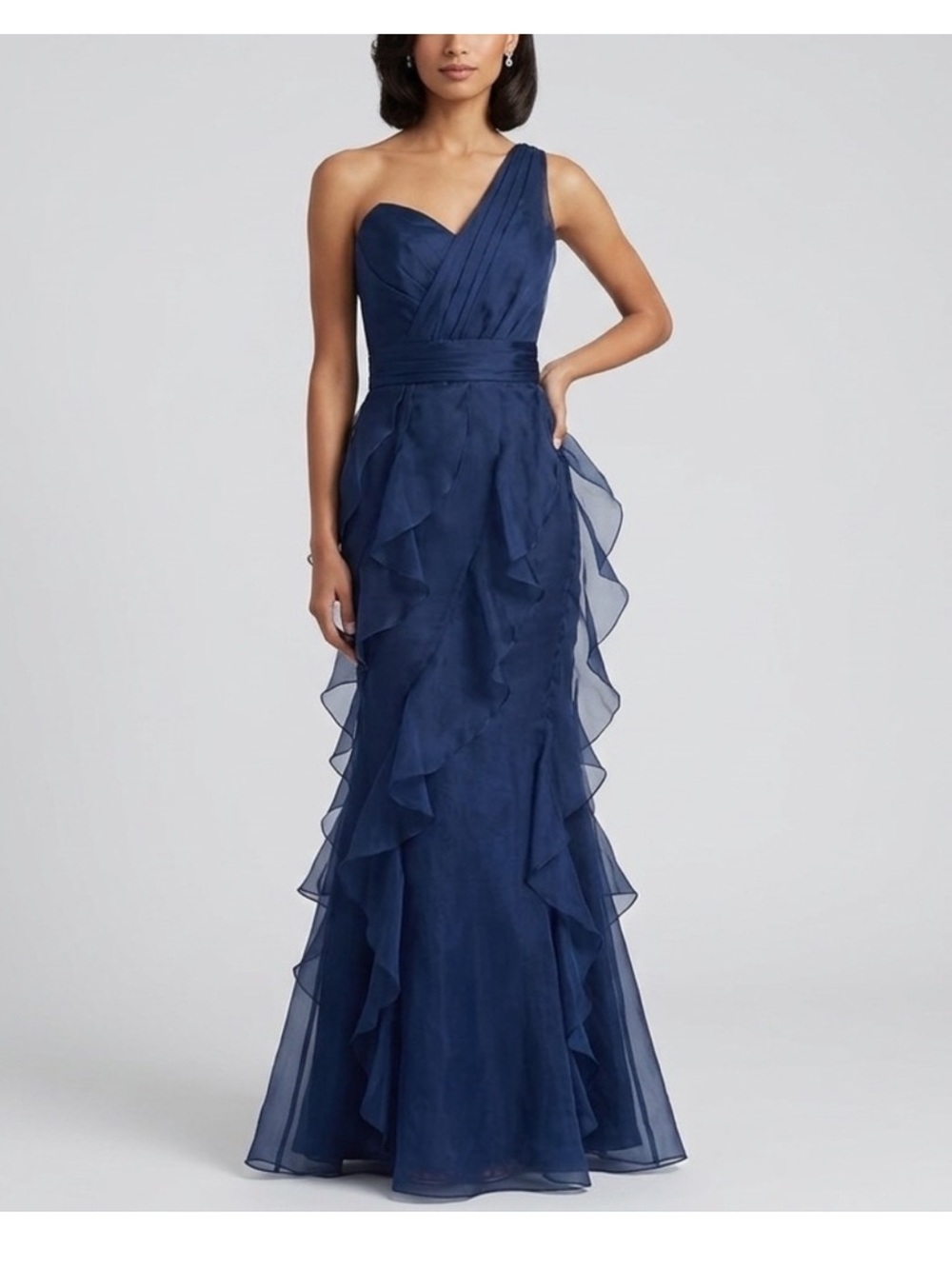 Badgley Mischka One Shoulder Navy Chiffon Silk Ruffle Evening Gown Dress Size 8